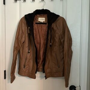 Leather jacket with built in hood